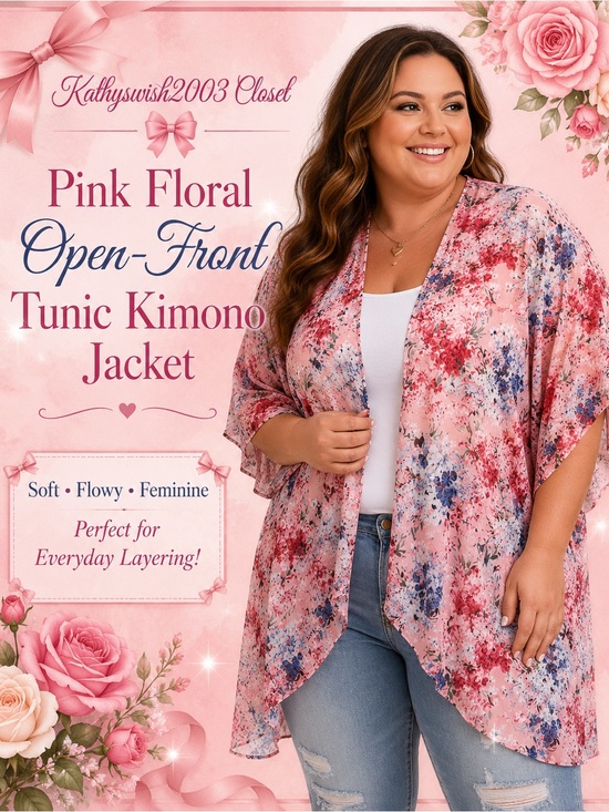 𝘍 Tops - Pink Floral Open-Front Tunic Kimono Jacket
